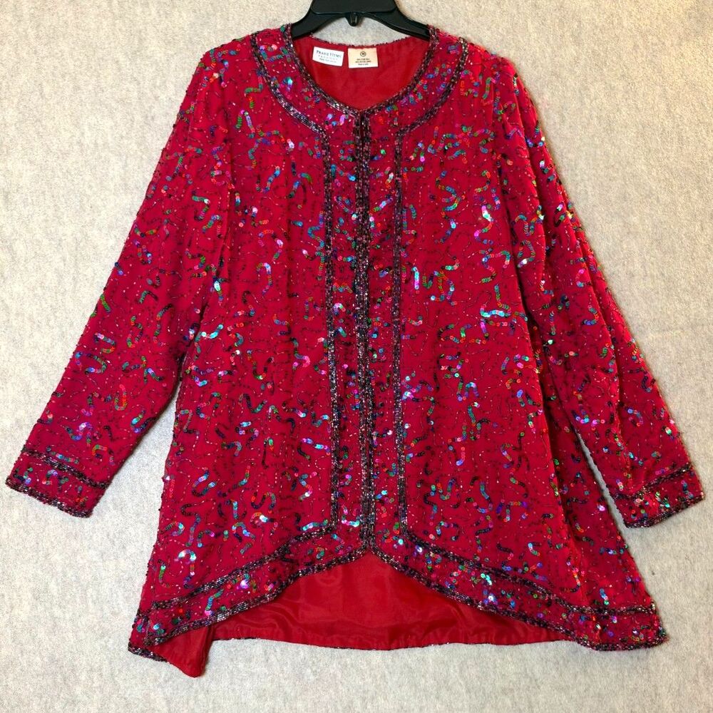 Vintage Praise Hymn Fashions 100% Silk Sequin Beaded Cardigan M Red Bedazzled